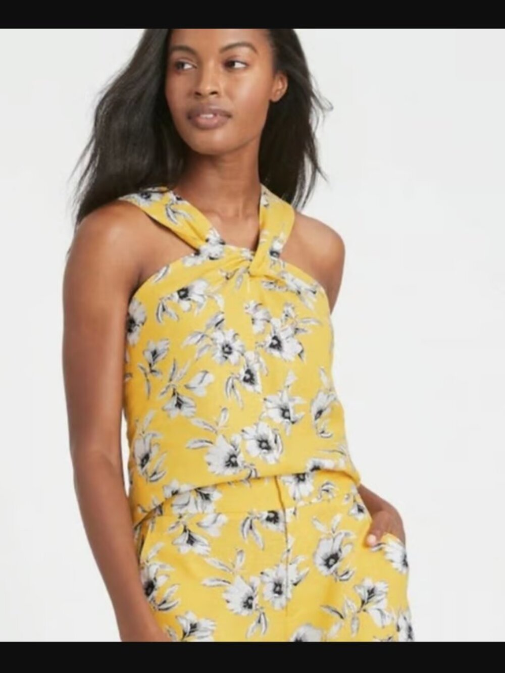 Banana Republic Yellow Floral Print Twist Front Halter Blouse Linen Blend Size S